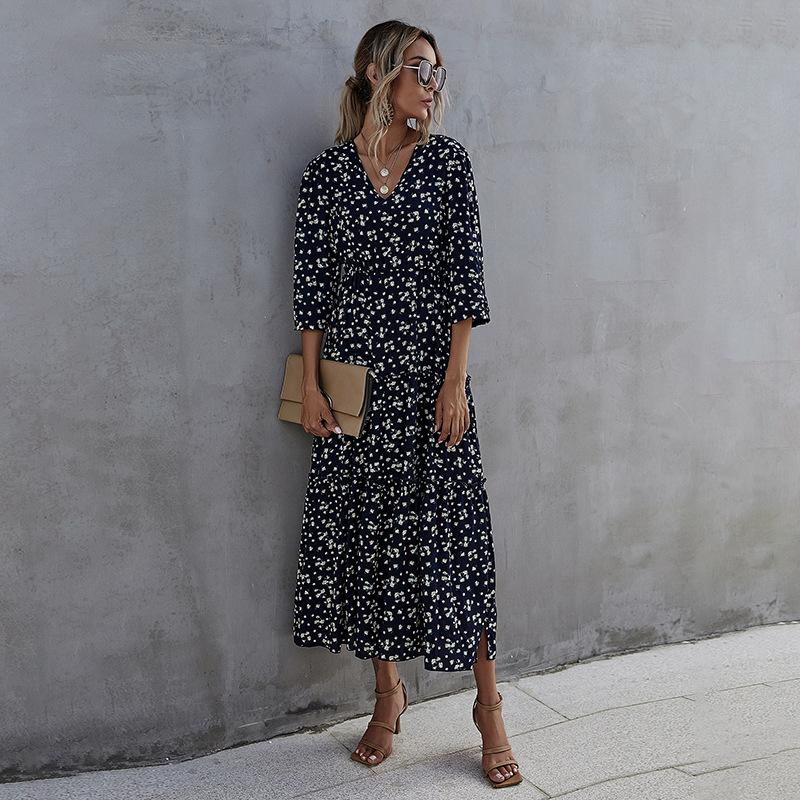 Летнее платье макси с принтом, длинное, тонкое, с V-образным вырезом, высокой талией, половиной рукава, темно-синее, SML XL