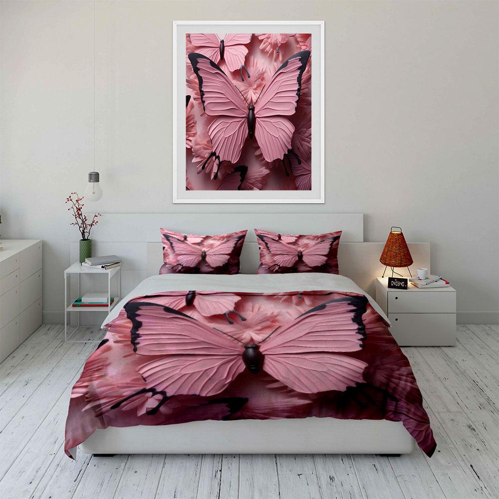 3D Papercut Pink Butterfly Bedding Set,Floral Raised Texture Print Duvet Cover 2 Pillowcases Single Double King Queen,Gift