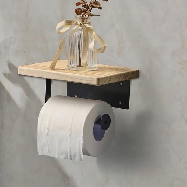 Black Loft Toilet Paper Holder Hanger with Bamboo Shelf Adhesive