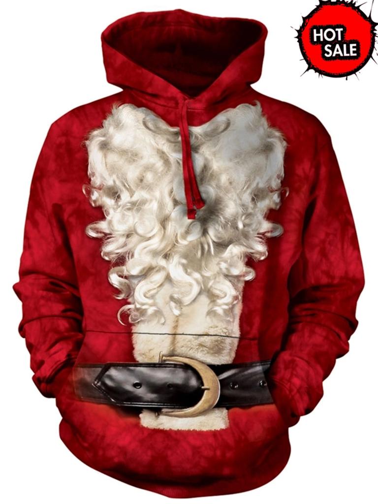 Holiday Vibe Series Print Hoodie, Multiple Snowflake and Santa Costume Graphics Full Graphic Loose Pullover, Great for Christmas Cosplay Outings
