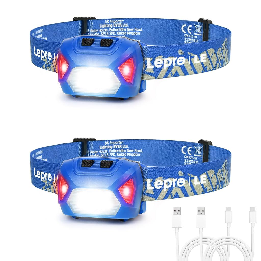Lepro Rechargeable 300 Lumens LED Set of 2 Red Hours of IPX4 Ideal for Night Outdoor and Power Compact and Lightweight USB-C Headlamp, High-Brightness