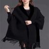 Women Cape Solid Black New Long Batwing Sleeves Outside Winter Plus Size Knitted Poncho Outside Streetwear Warm Tassel Coat
