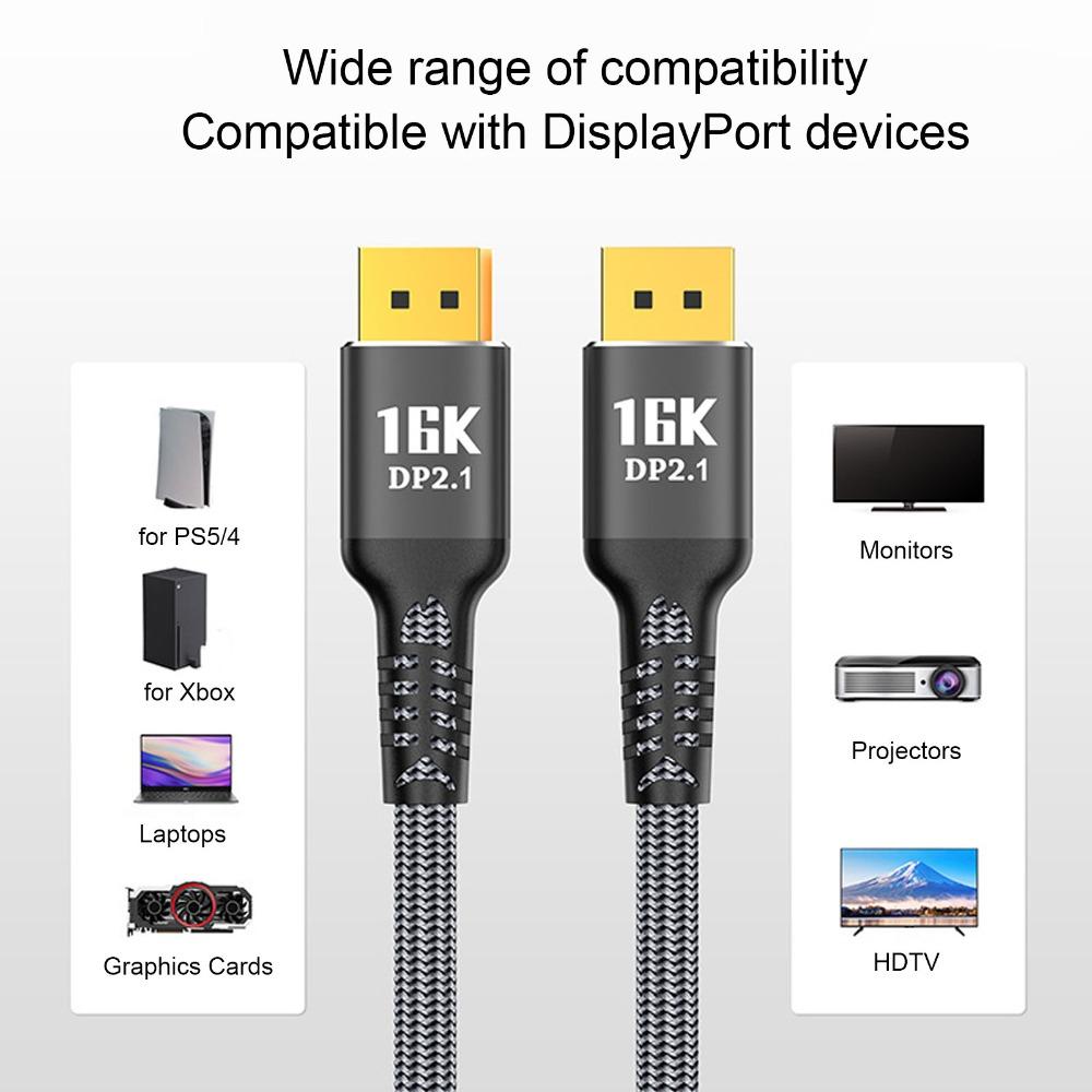 16K 30Hz 40Gbps DisplayPort 2.1 Cable 3D Dynamic HDR Male to Male 16K DisplayPort Cable DisplayPort Extension Cable for FreeSync