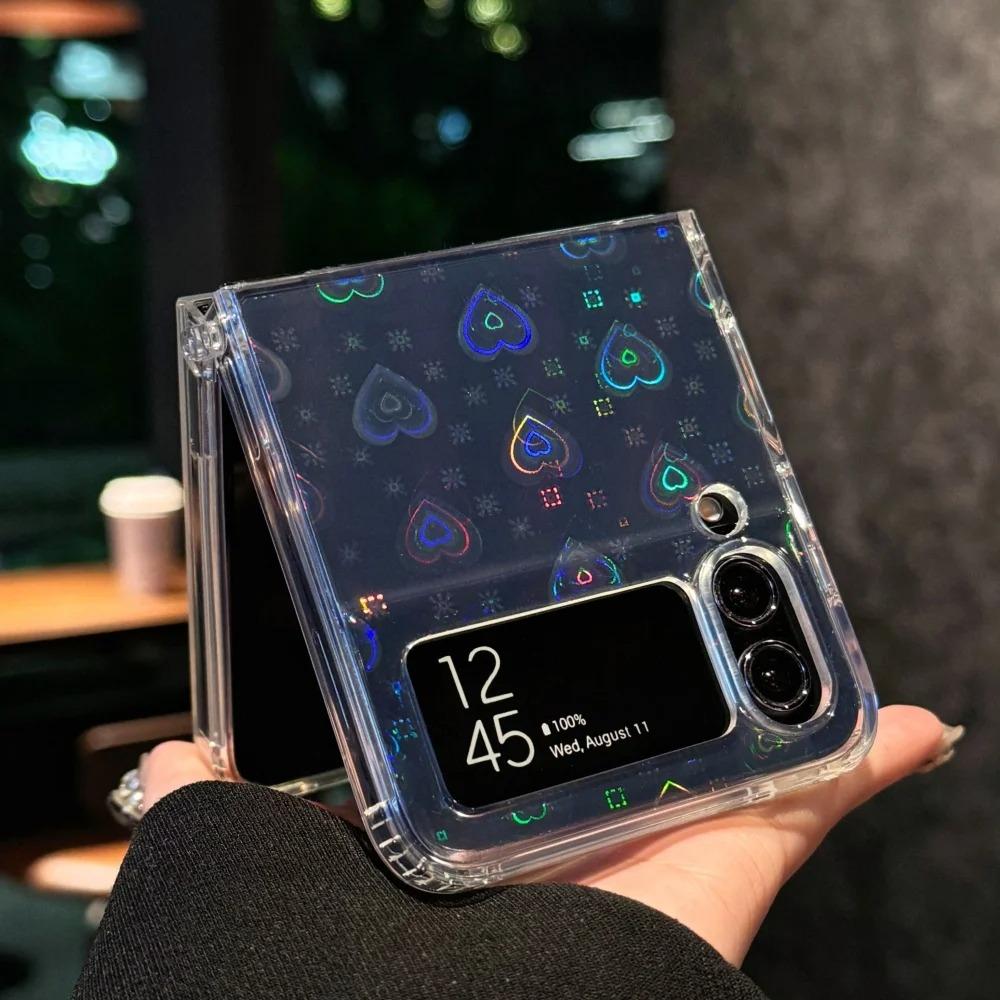 Laser Heart Transparent Cover Funda For Samsung Galaxy Z Flip7 6 Luxury Aurora Case For Samsung Z Flip 5 zflip4 3 Soft TPU Cases