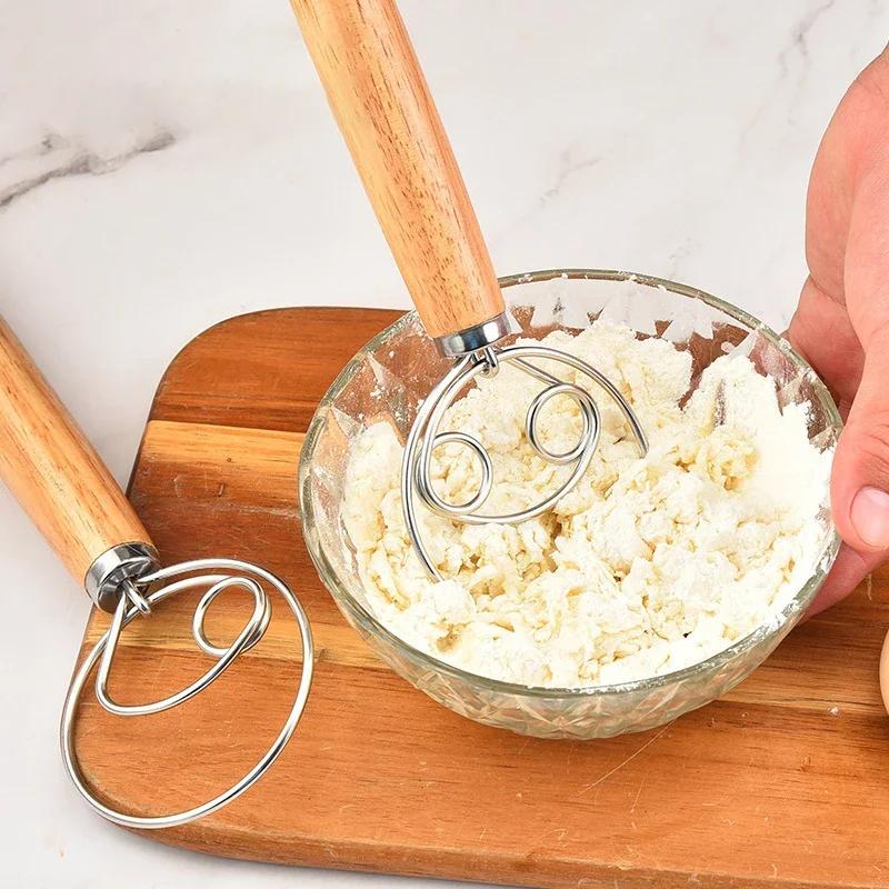Danish Dough Whisk Stainless Steel Dutch Style Bread Dough Hand Mixer Wooden Handle Kitchen Baking Tools Pastry Dough Blender
