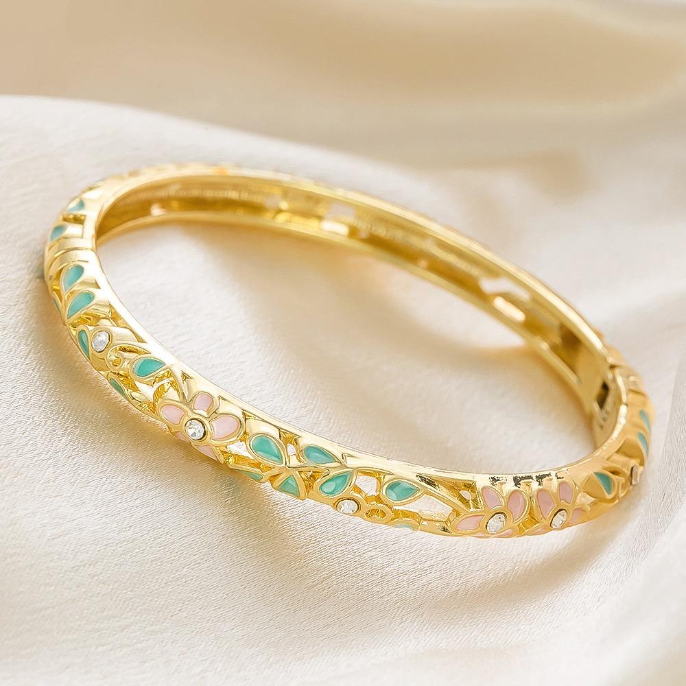 New Colorful Enamel Floral Bangle Chinese Style Handmade Open Cuff Bracelet Gold Plated Elegant Diamond Bangle Women
