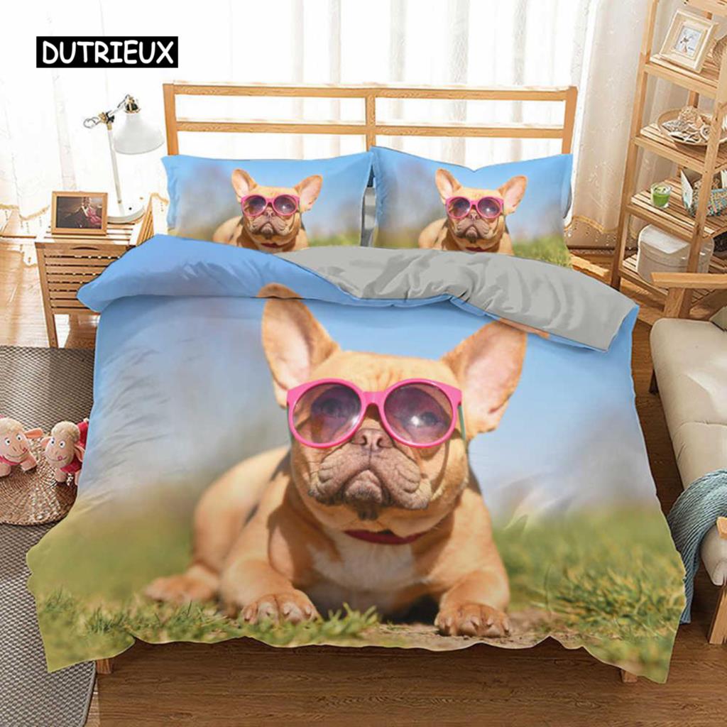 Комплект постельного белья с изображением французского бульдога размера King Size, милый комплект постельного белья с изображением щенка и животных для детей-подростков из полиэстера, 2/3 шт., мягкое одеяло