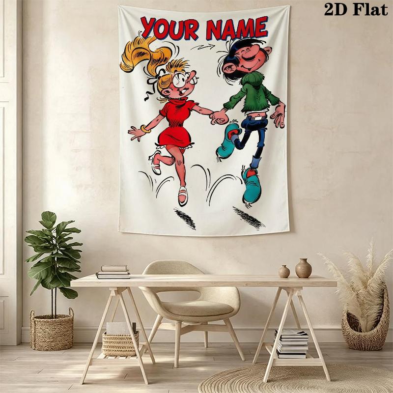 Custom Name Gaston Lagaffe Wall Tapestry Aesthetic Wall Hanging Printed Fabric Blanket Decorative Tapestries for Bedroom Living Room Home Decor