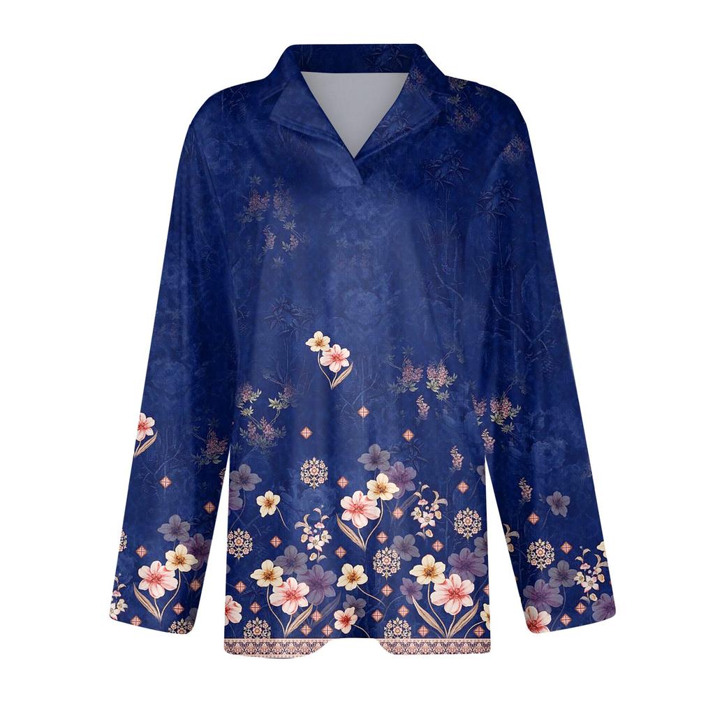 Женская мода для отдыха с длинным рукавом и V-образным вырезом с цветочным принтом