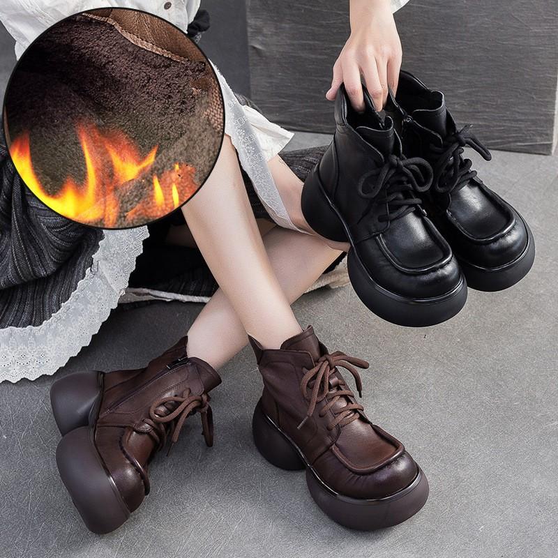 Johnature Натуральная кожа Британский стиль Ретро Толстая подошва Плюшевые Короткие ботинки Универсальная женская обувь на платформе