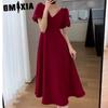 Платье размера плюс Fat Sister Red Dress Женское летнее французское платье для уменьшения возраста с V-образным вырезом и рукавами-фонариками