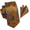Hi-Tie Mens Silk Tie Gold Paisley Necktie Handkerchief Cufflinks Set for Business