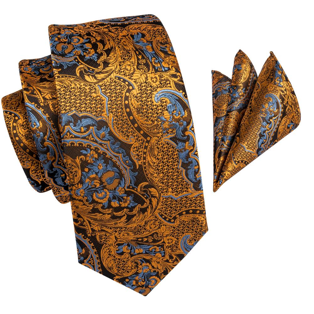 Hi-Tie Mens Silk Tie Gold Paisley Necktie Handkerchief Cufflinks Set for Business