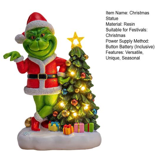 Christmas Statue with LED Lights Handmade Resin Sculpture Battery-Powered Festive Figurine for Patio Balcony Yard Housewarming Gift