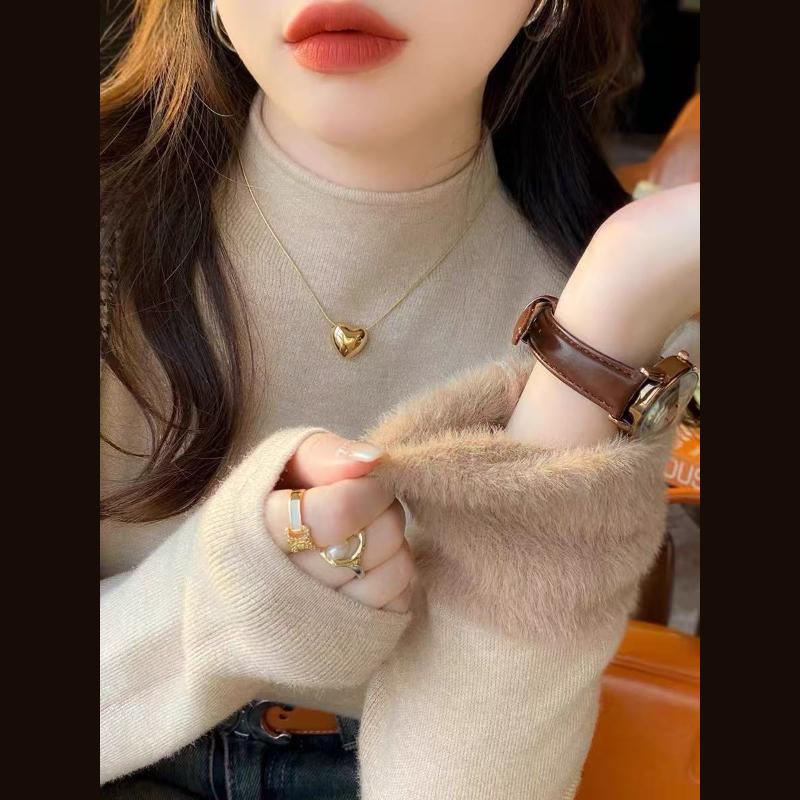 White Knitted Fleece Lined Half High Collar Sweater Women's Fashion Autumn Winter Inner Wear Base Shirt Integrated Fleece Top