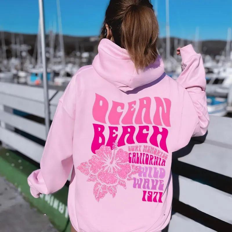 Женская мода повседневные толстовки с капюшоном Ocean Beach Flower Slogan спереди и сзади розовые толстовки с капюшоном в пляжном стиле пуловер с капюшоном для путешествий