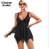 Women Tankini Set Solid Color Swimwear Swim Sets Shoulder Straps V Neck Irregular Hemline Bathing Suit