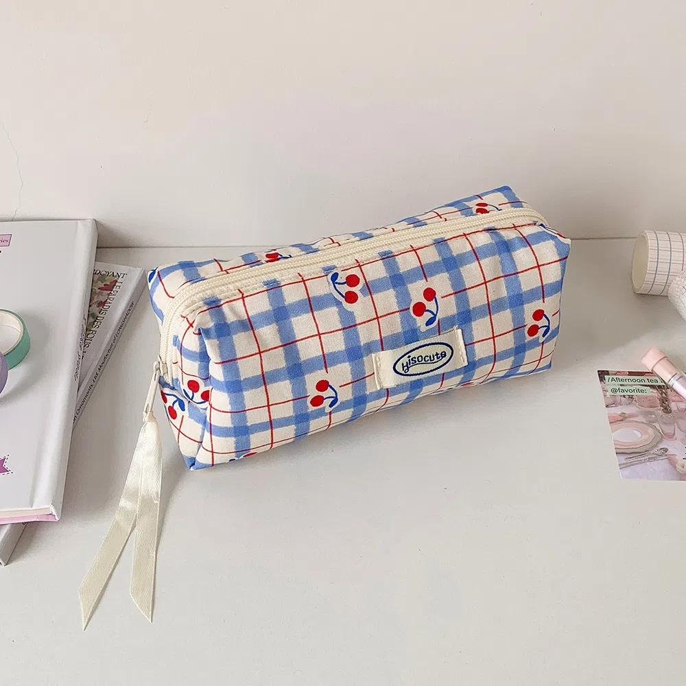 Large Capacity Korean Pencil Bag Checkered Cartoon Cherry Makeup Bag Office Supplies