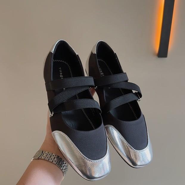 Женские туфли на плоской подошве с квадратным носком, сезонные, с мелким вырезом, туфли Мэри Джейн, балетки, эластичные, серебристые, с мягкой подошвой, одинарные туфли