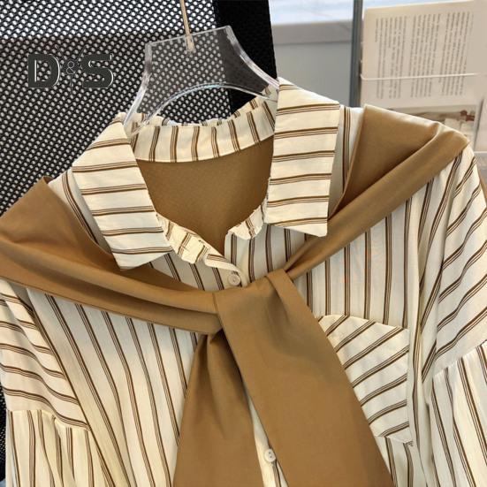 Women Shirt Lapel Long Sleeve Vertical Striped Fake Two-Piece Design Shawl Back Shirt Loose Fit Buttons Placket Shirt Tops