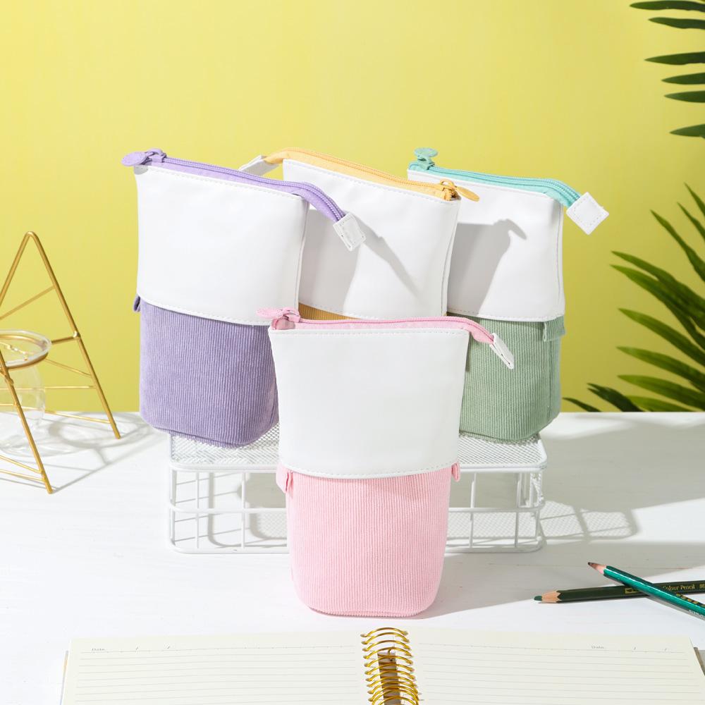 Large Capacity PU Corduroy Zipper Storage Box Makeup Pouch Telescopic Pen Bag Pencil Case