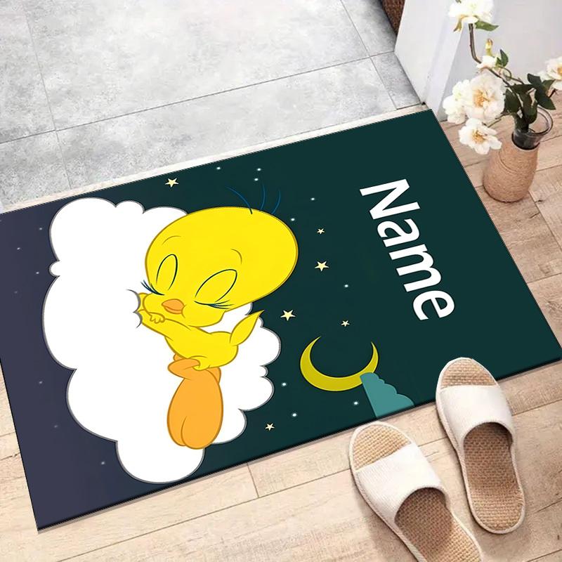 Custom Tweety Mat Personalized Name, Polyester Washable Indoor Entryway Rug, Gift for Christmas, Easter, Thanksgiving Day