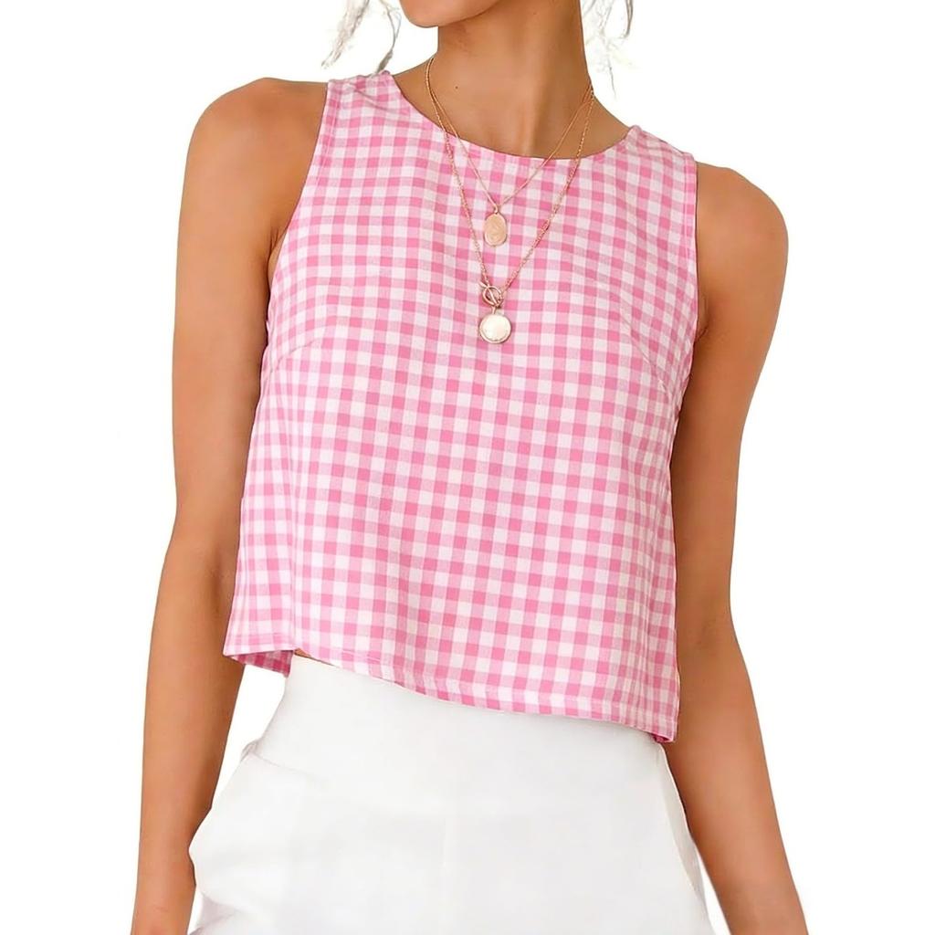 Summer New Women's Buttoned Crew Neck Sleeveless Plaid Cropped Tank Top for Leisure