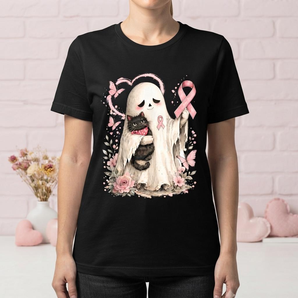 Cute Ghost Cat Breast Cancer Awareness T-Shirt Pink Ribbon Halloween Tee