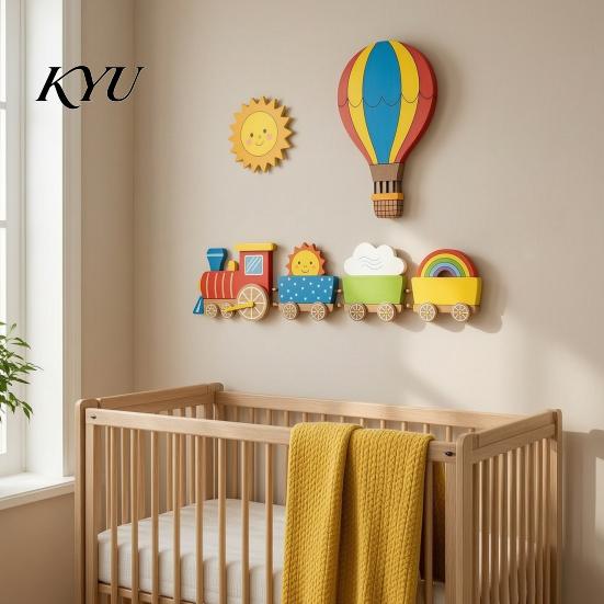 Easy Install Wall Accents 4Pcs Cartoon Train Hot Air Balloon 3D Wooden Decor, Colorful Kids Decorative Wood Shapes Room Hanging, Nursery Educational