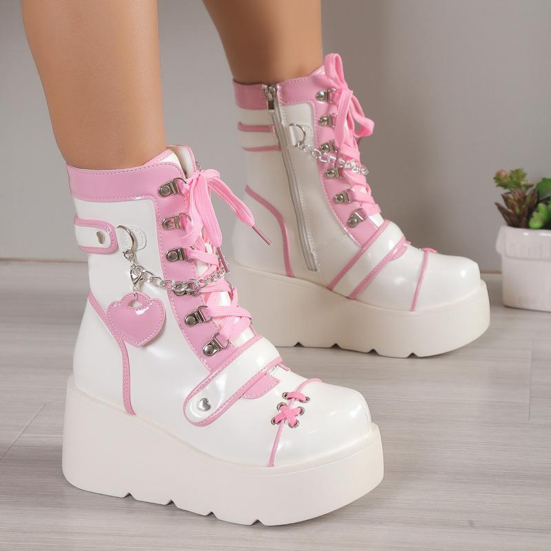 New Gothic Platform Shoes Women's Boots Vampire Role Play Womens Mid-calf Boots Lace Up Wedges Punk Style Botines Para Mujeres