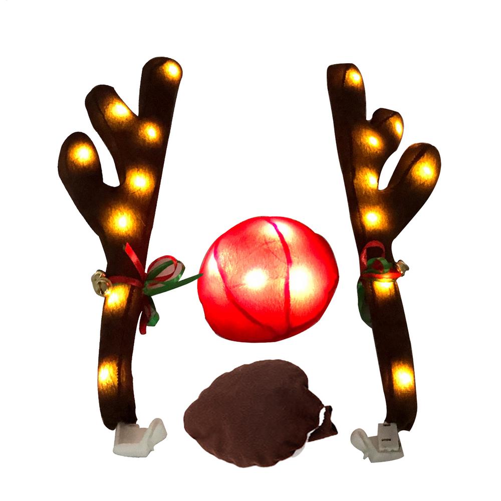 Рождественские украшения на машину в виде оленей Светодиодное освещение Рога оленя Рудольфа Красные носы Комплект украшений для автомобиля Рождественское авто Украшение