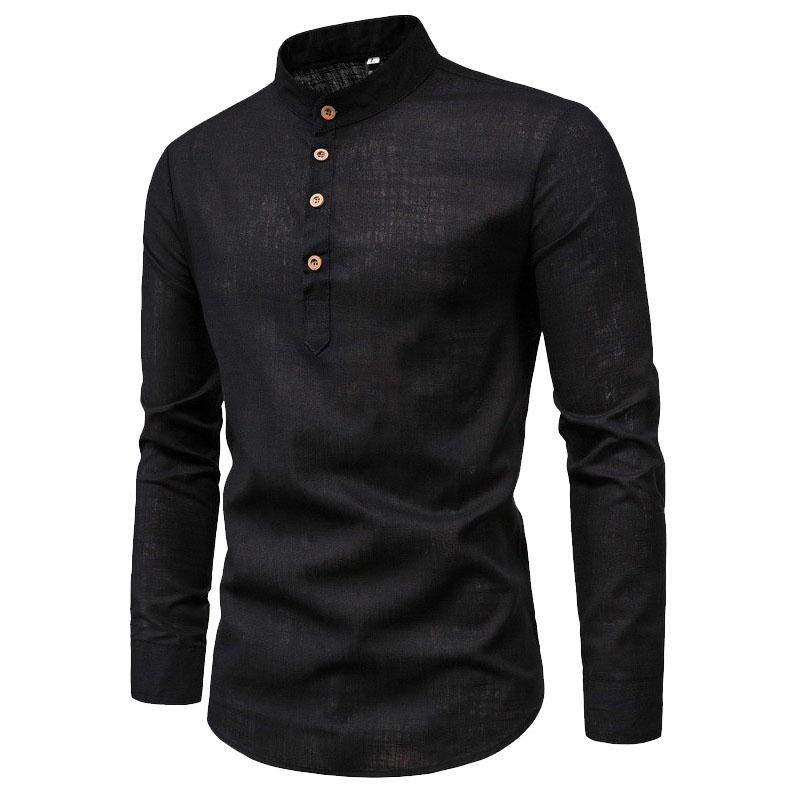 Linen Men Shirt Casual Slim Business T-shirts Half Button Pullover Long Sleeve Thin Top Solid Color Stretch Undies Men Clothing