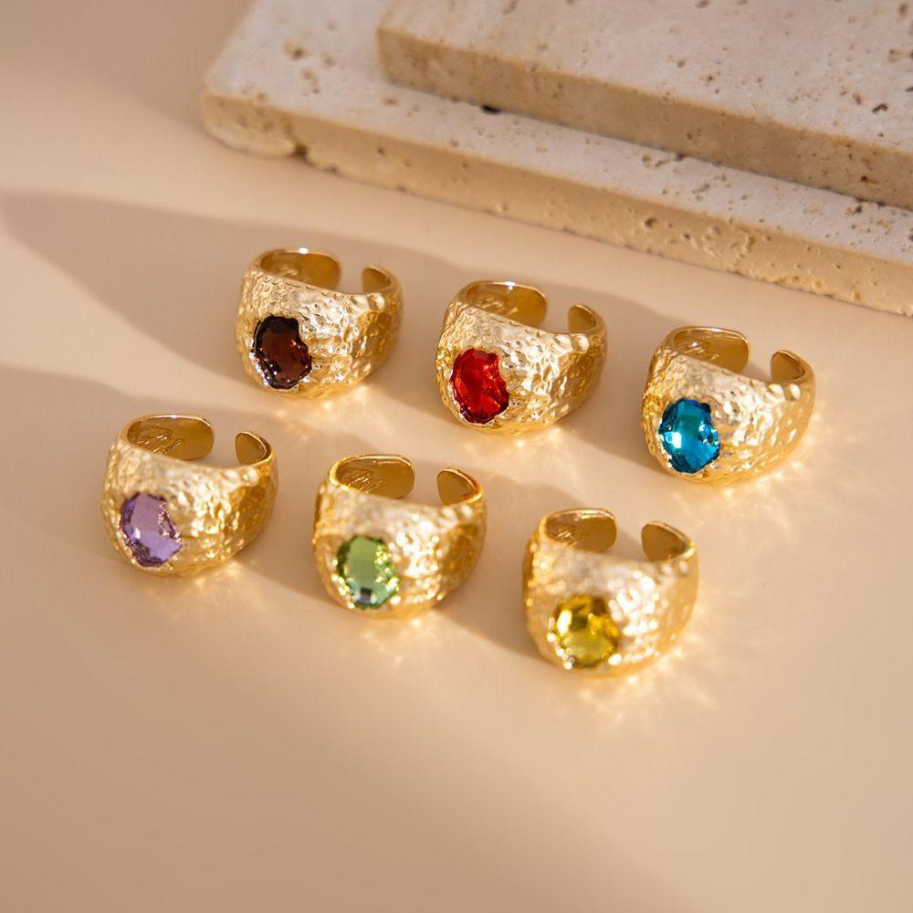 Exaggerate Colored Crystal Rings Gold Metal Open Ring Adjustable Rhinestone Rings Daily
