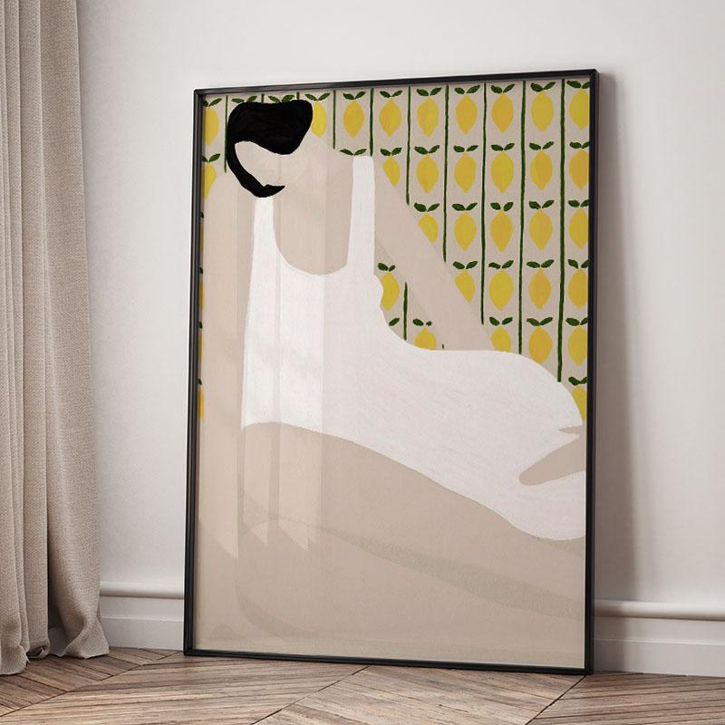 Абстрактный Постер Девушка Цветок Лимон Вино Настенное Искусство Холст Живопись Постеры и Принты Картины для Гостиной Спальни Домашний Декор