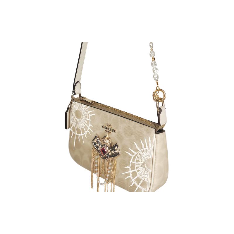 COACH shoulder bag [Customized bag] Nolita 19 classic old flower print palace crown tassel pearl pendant hand-painted fashion coated white sun pattern