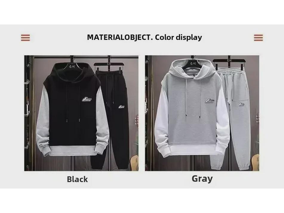 Мужской осенний комплект из двух предметов: толстовка с капюшоном и джоггеры — принт, цветные блоки, повседневная спортивная одежда