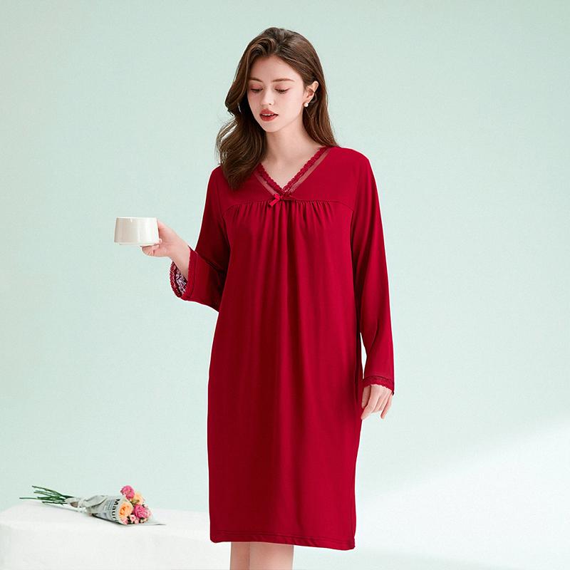 Fenteng Xinjiang Pure Cotton Sexy Lace V-Neck Soft Long-Sleeved Nightgown Dress