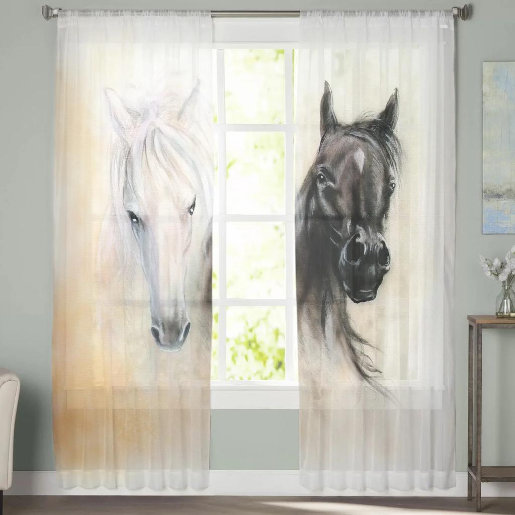 Black White Horse Watercolor Painting Tulle Sheer Window Curtains for Living Room Kitchen Children Bedroom Voile Hanging Curtain
