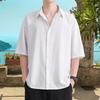 Men Shirt Turn-down Collar Single-breasted Loose Short Sleeve Solid Color Buttons Soft Men Casual