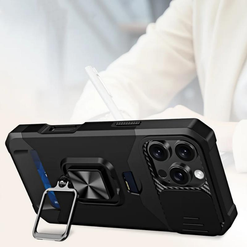 Ударопрочный тяжелый жесткий чехол с металлической подставкой и слотом для карт для iPhone 16 Pro Max 15 Pro Max 14 Pro Max