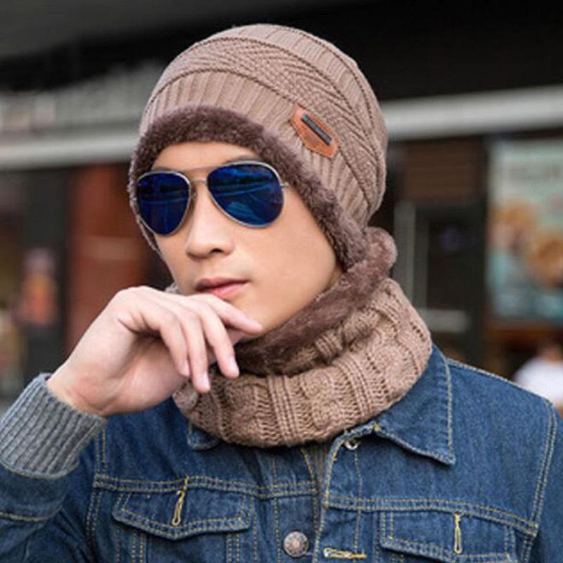 Men's Fleece Knitted Scarf Hat 2-piece Set Trendy Women's Warm Wool Hat Winter Student Cycling Cold