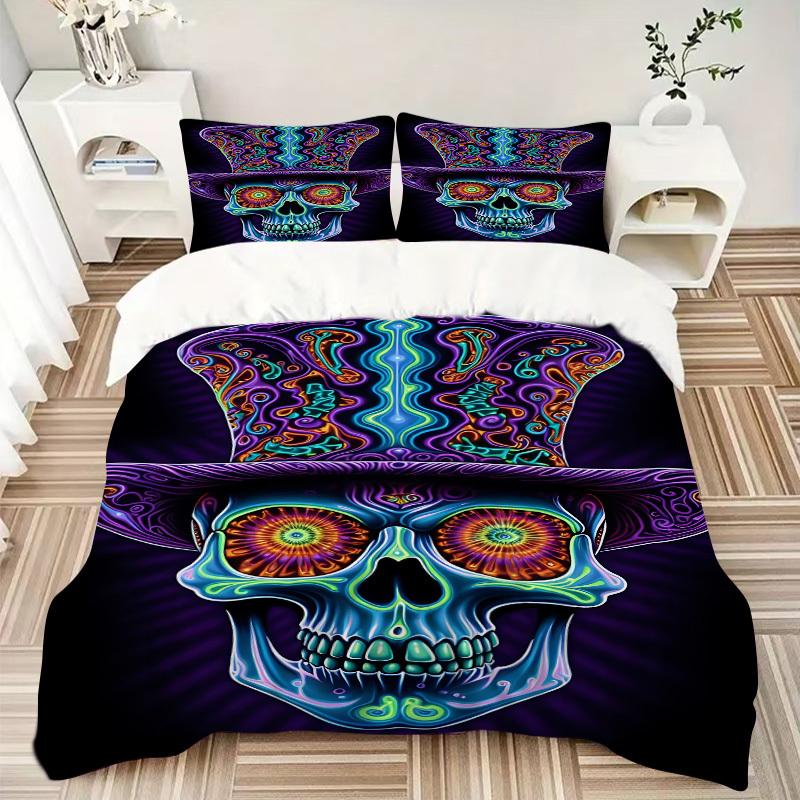 3pcs Psychedelic Skull Duvet Cover Set, Cover For Bedroom Guest Room (1 Duvet Cover + 2 Pillowcase, Without Quilt), yy250922114