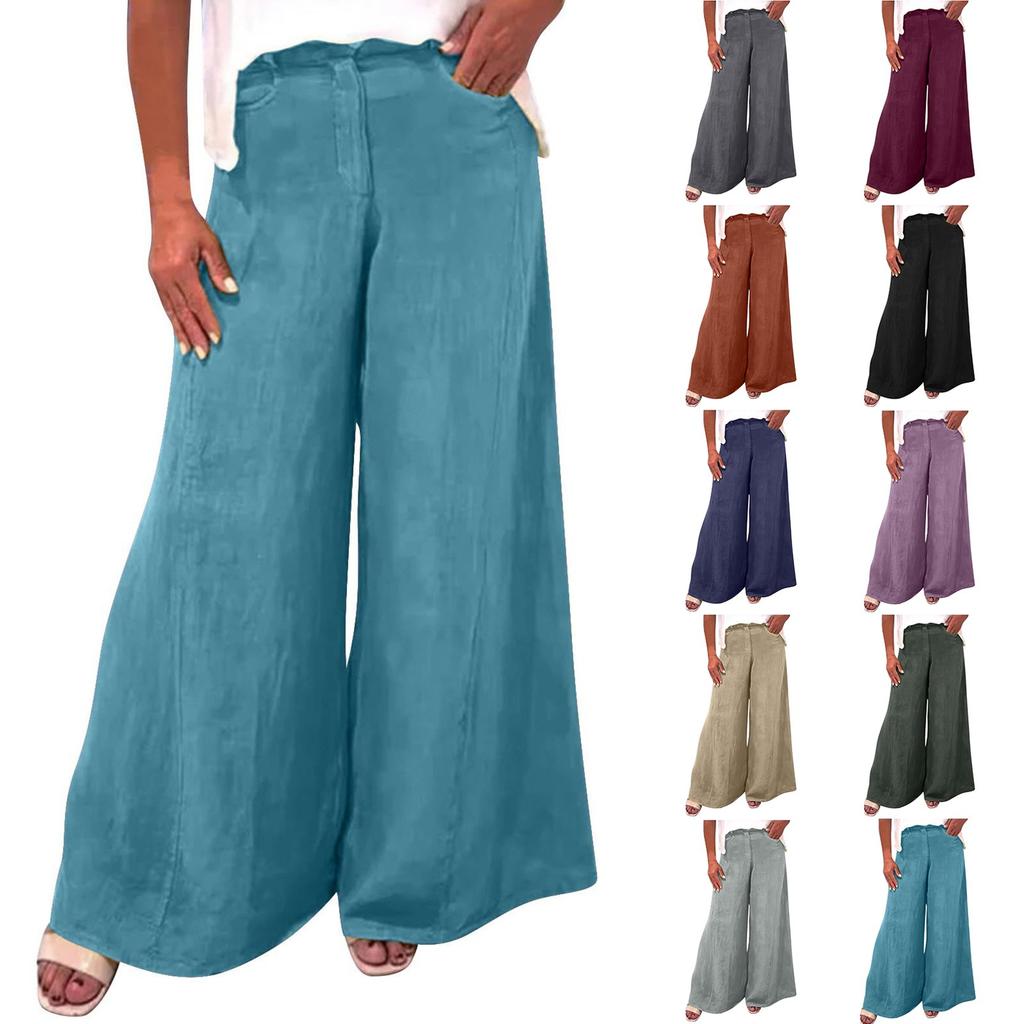 Ladies' Fashionable Loose Solid Color Casual Wide Leg Pocket Straight Leg Pants