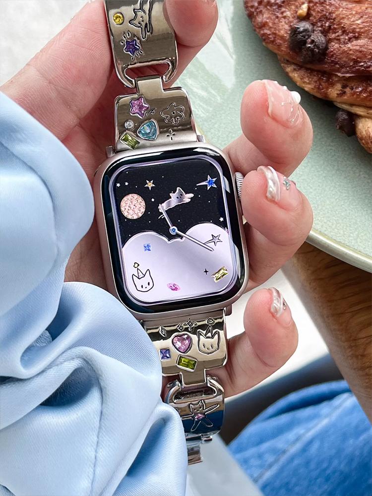 Cute Cat Glossy Metal Band For iWatch Ultra 9 8 7 42mm 45mm 49mm Diamond Bracelet Strap For Apple Watch 38mm 40mm 41mm 6 5 SE 4