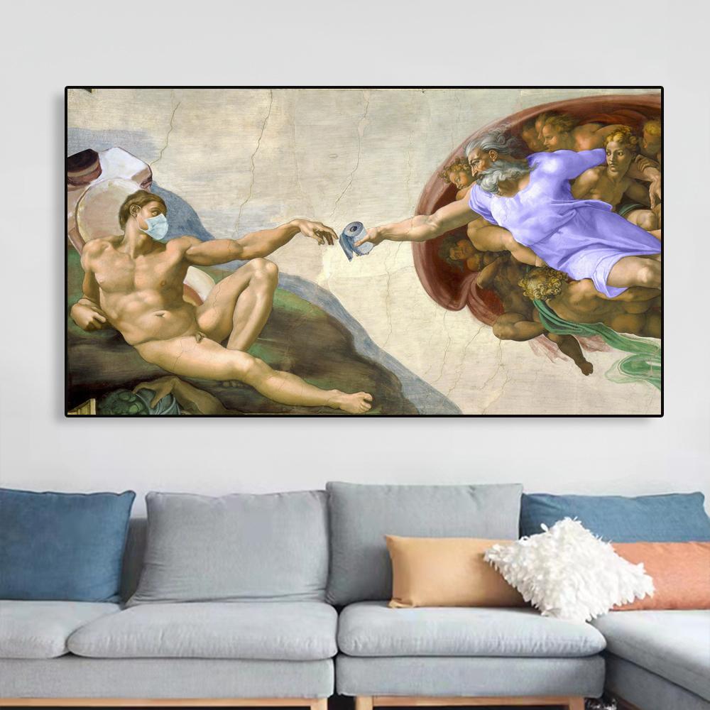 Funny Toilet Paper Poster Michelangelo Creation of Adam Famous Figure Portrait Canvas Painting Wall Art Bathroom Room Decoration