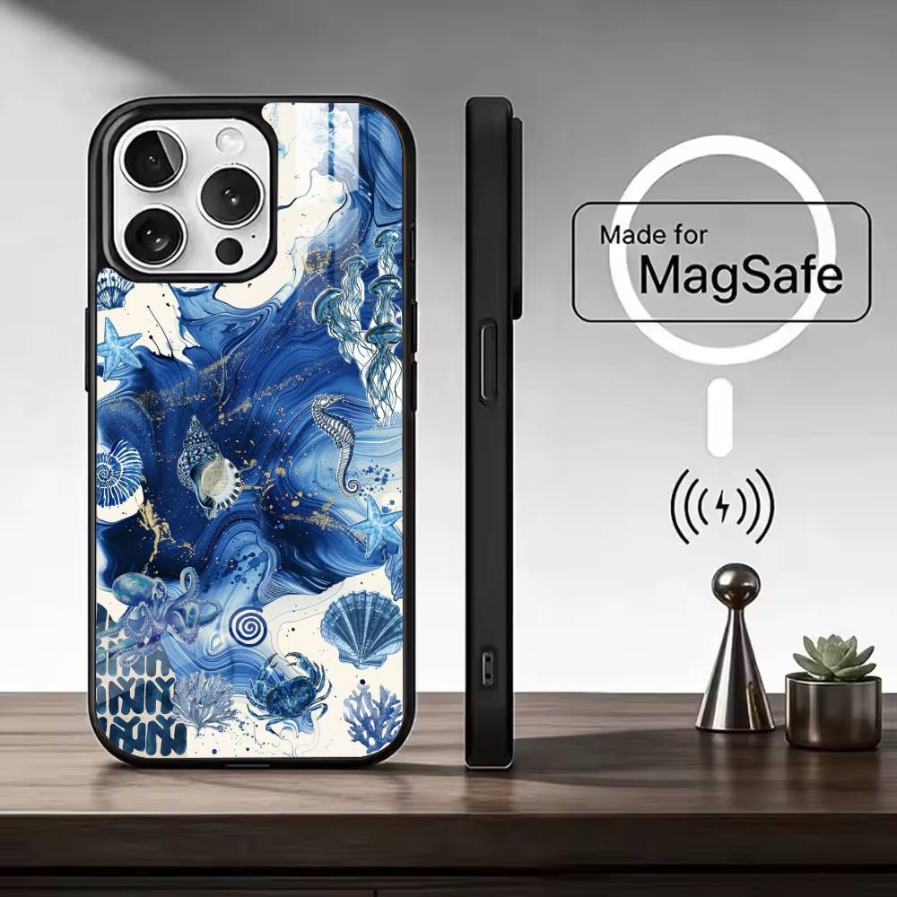 C-Cool Blue O-Ocean Retro Phone Case For iPhone17,16,15,14,13,12,11 Plus,Pro Magnetic with Magsafe Wireless Charging
