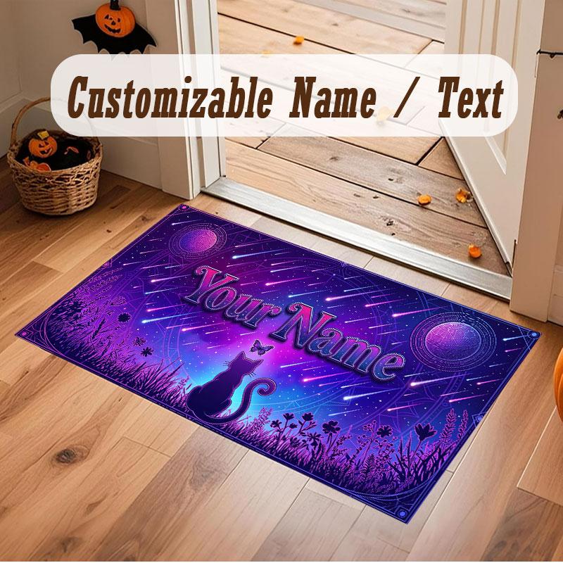 Cat Theme Crystal Velvet Floor Rug Personalized Custom Name Text Warm Carpet Home Decoration
