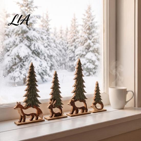 Elegant Handcrafted Wood Art 4Pcs Wooden Animal and Pine Ornaments, Fox Rabbit Bear Hedgehog Natural Texture Ornament Figurine, Rustic Woodland Themed