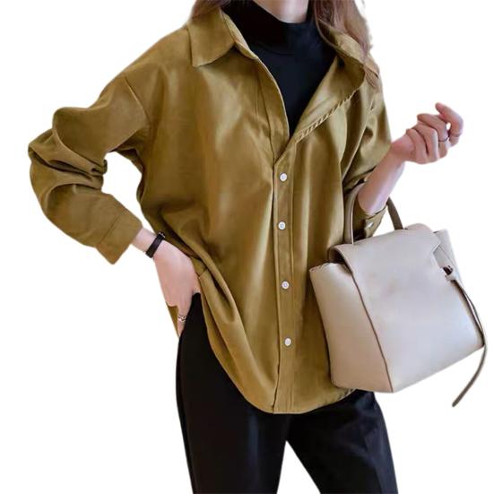 Women Corduroy Shirt Lapel Long Sleeve Single-Breasted Shirt Tops Bottoms Tops Layer Wear Commuter Style Shirt