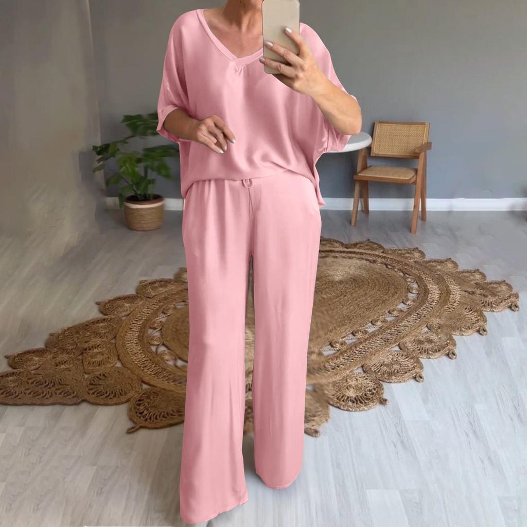 Женский свободный пуловер с v-образным вырезом, повседневный модный костюм с длинными брюками и короткими рукавами